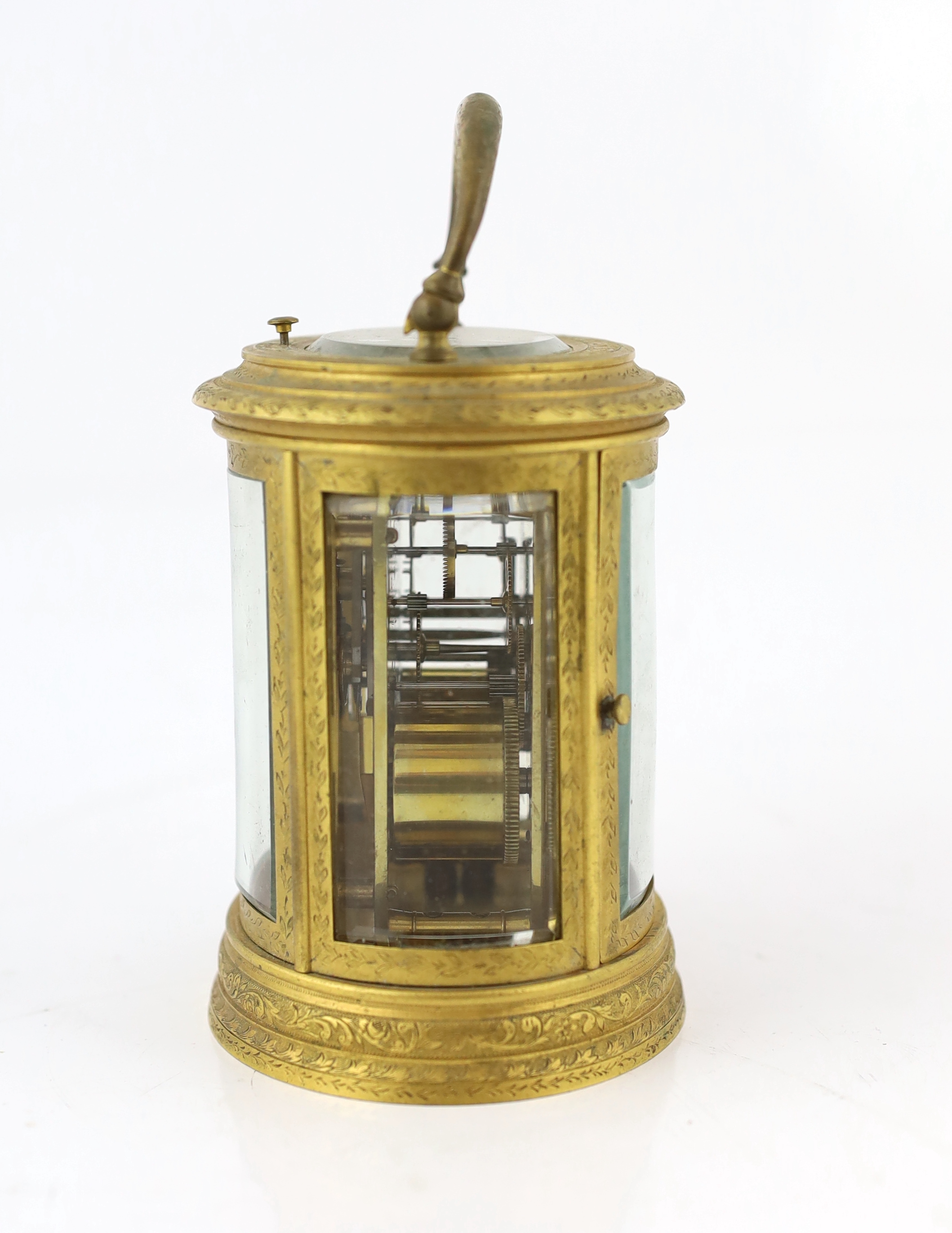 Drocourt & Co., a late 19th century French hour repeating ormolu oval cased carriage clock, 13.5cm high